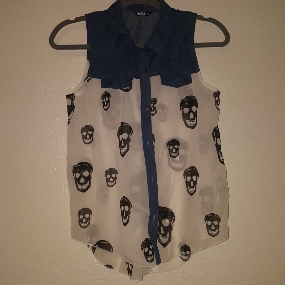 Sheer Collared Tank Top with Denim Upper & Skulls